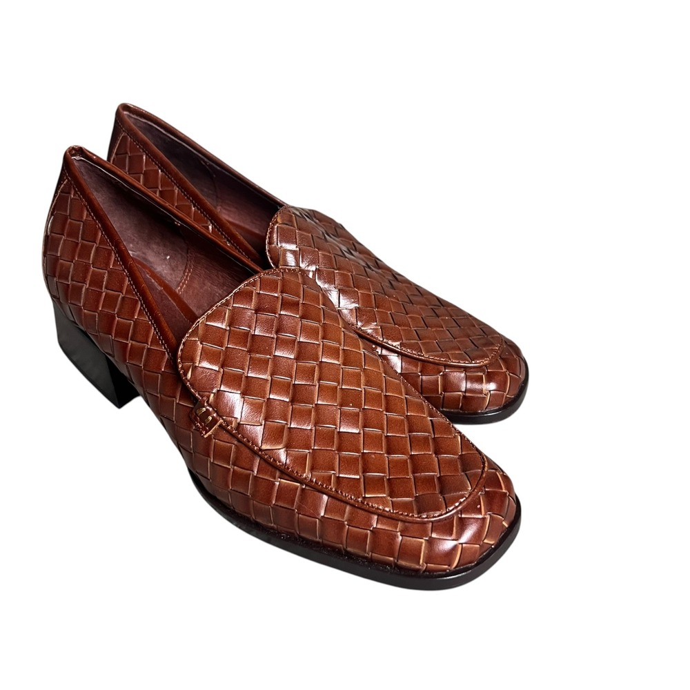 Jeffrey Campbell Brown Woven Leather Square Toe Block Heel Loafers Womens 8